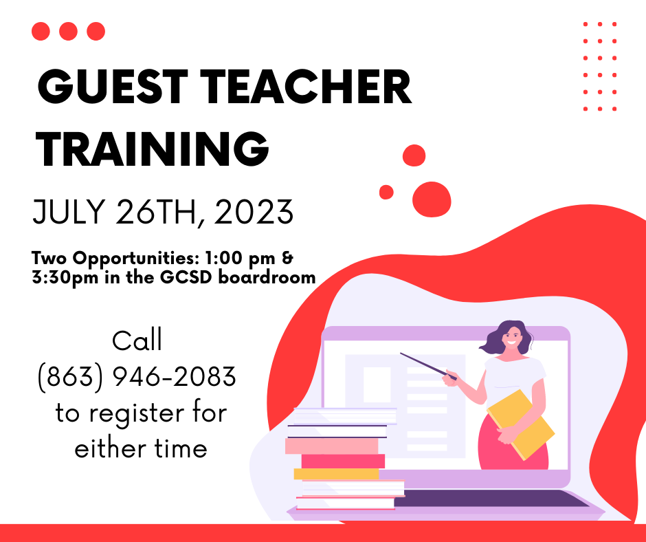 guest teacher training flyer with laptop/instructor image
